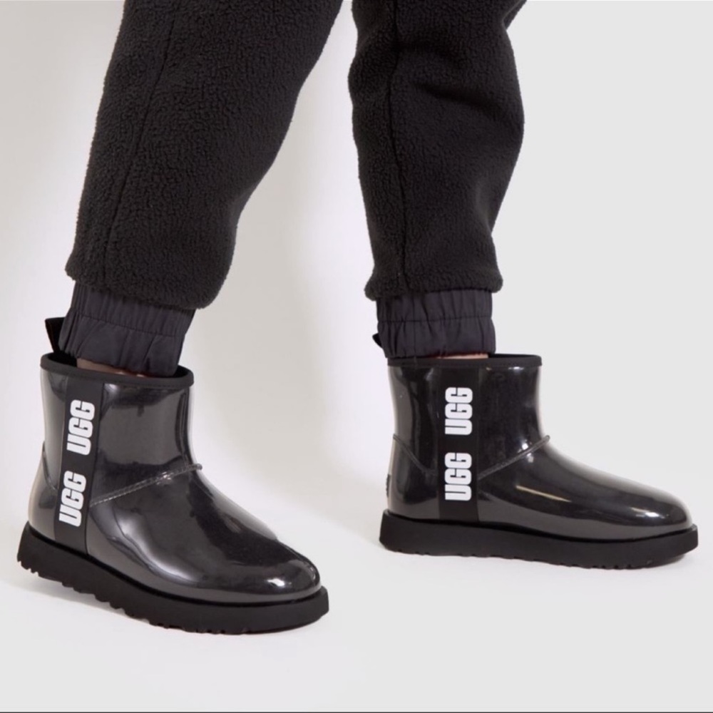 UGG Kids Black Gloss Rain Boots with White Logo